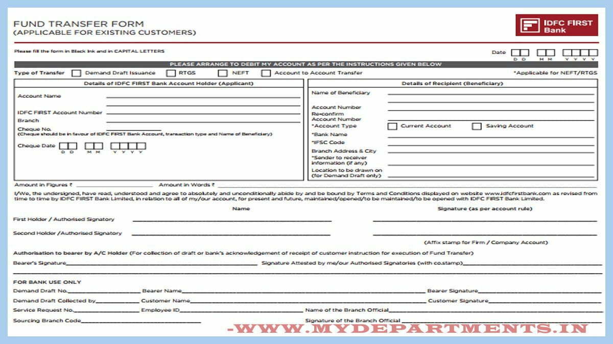 IDFC First Bank RTGS Form IDFC First Bank NEFT Form 2024